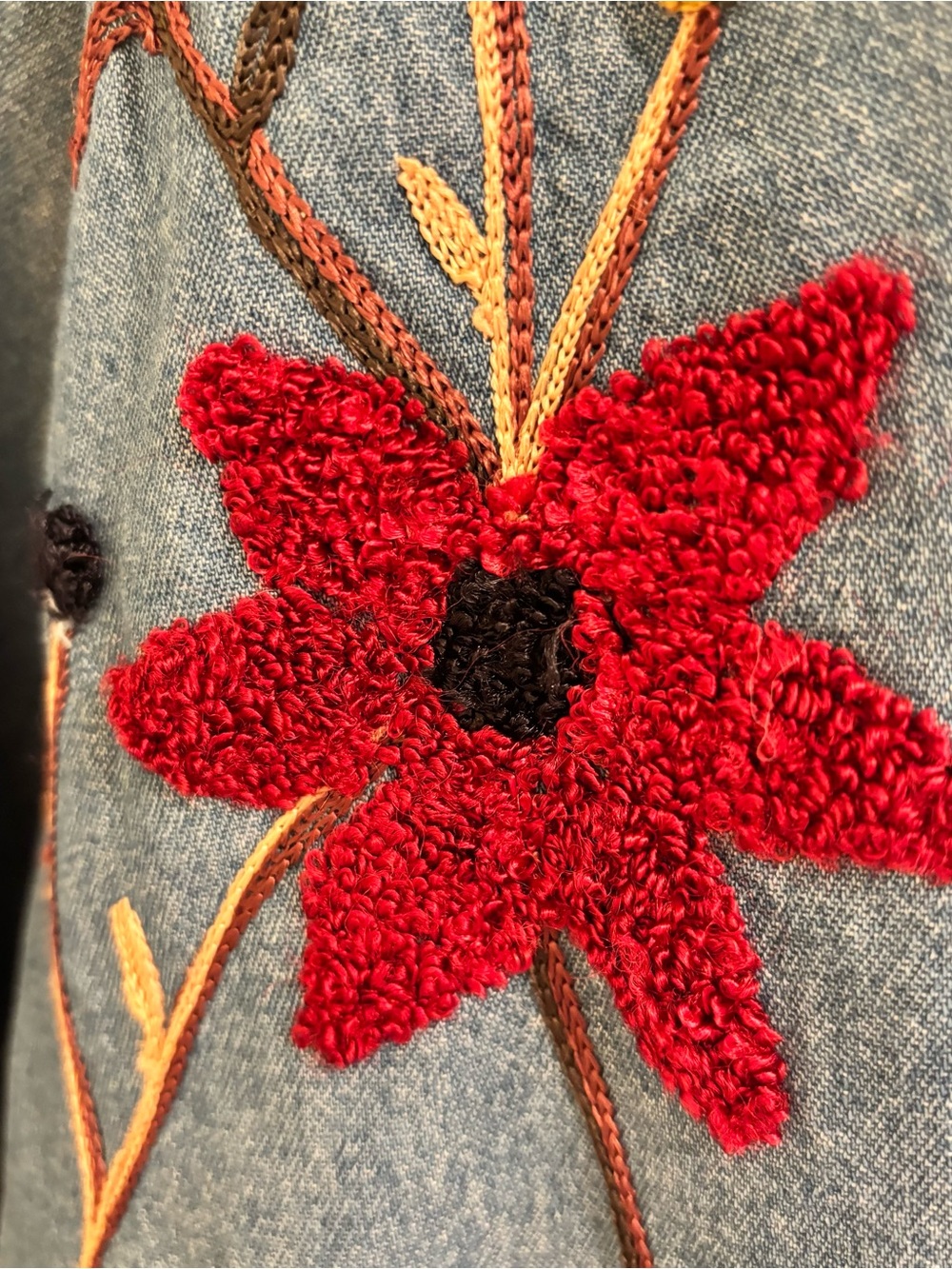 Vintage Embroidered Floral Denim Button-Up Jacket - Red, Black, Gold Flowers - Picture 3 of 5